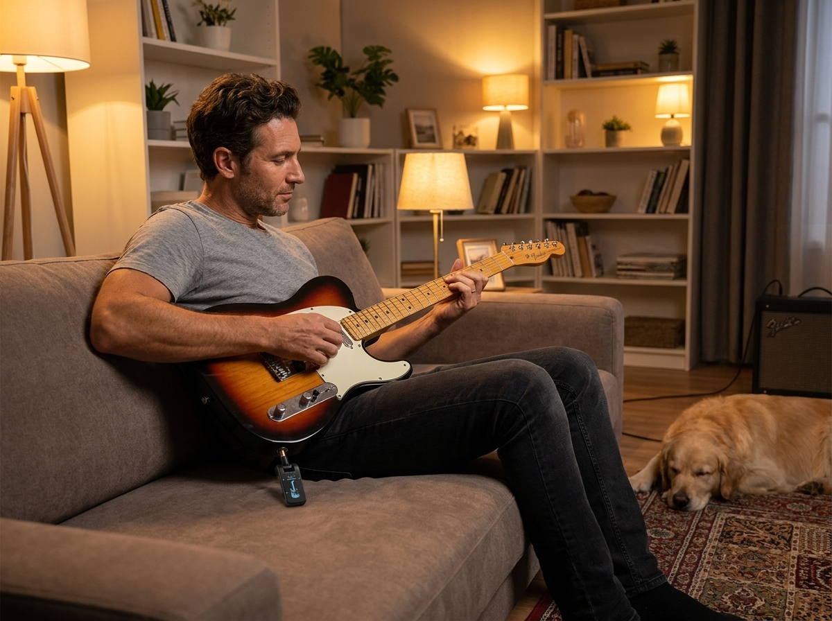 Man on sofa playing guitar in warm evening light, dog sleeping on floor, amp across the room, no cable