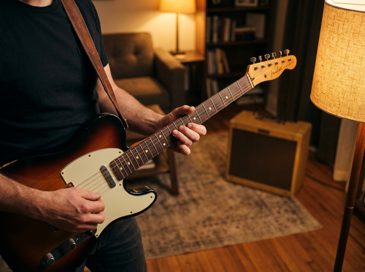 Close-up of hands playing Telecaster guitar, tone test in living room