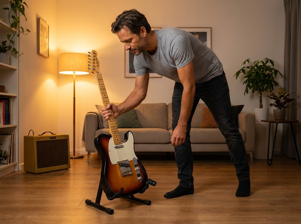 Man picking up guitar from stand in living room, ready to play