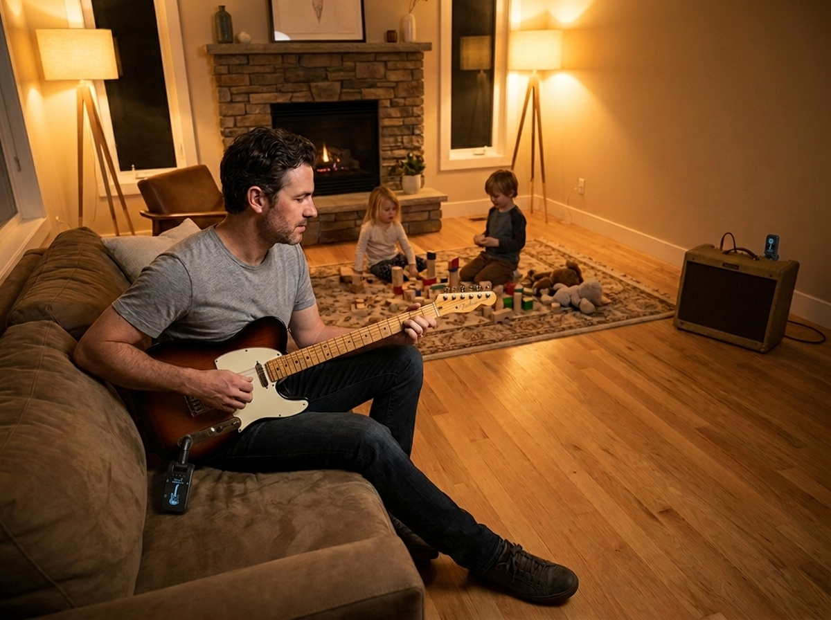 Man playing guitar on sofa while kids play on the open floor, no cables, fireplace in background
