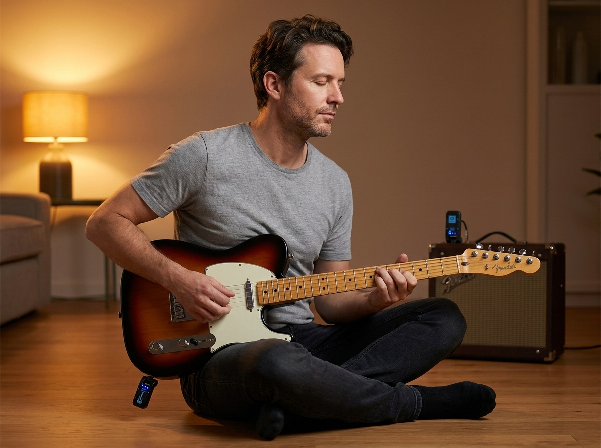 Man sitting cross-legged on floor playing guitar with focused expression, amp behind him