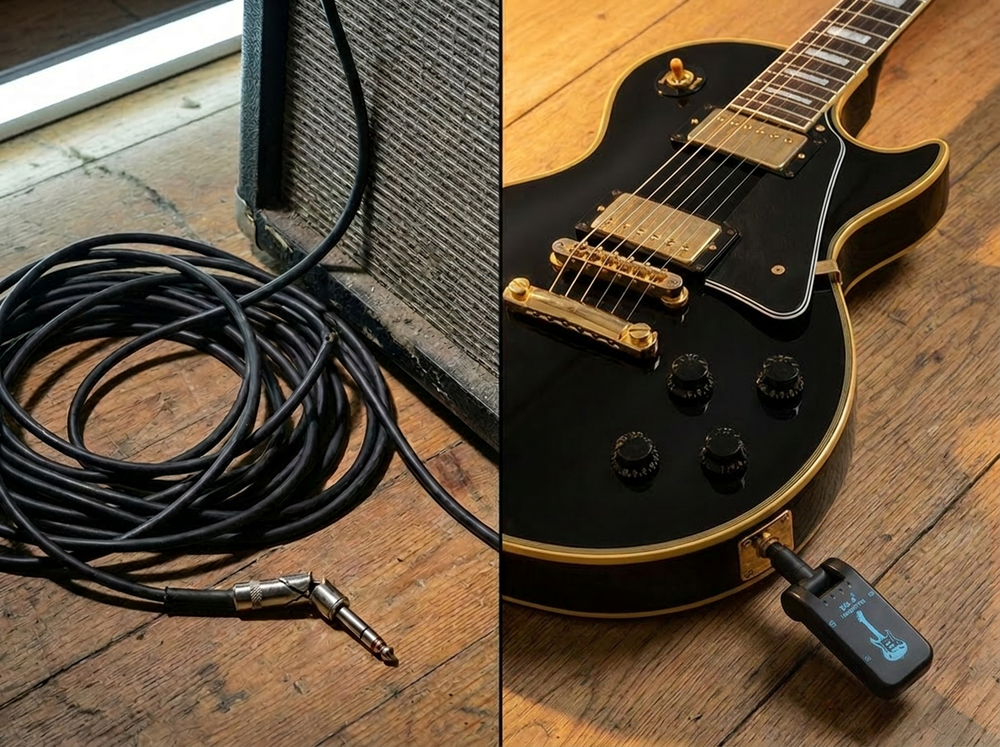 Black electric guitar with gold hardware on a wooden surface, next to a cable and amplifier.