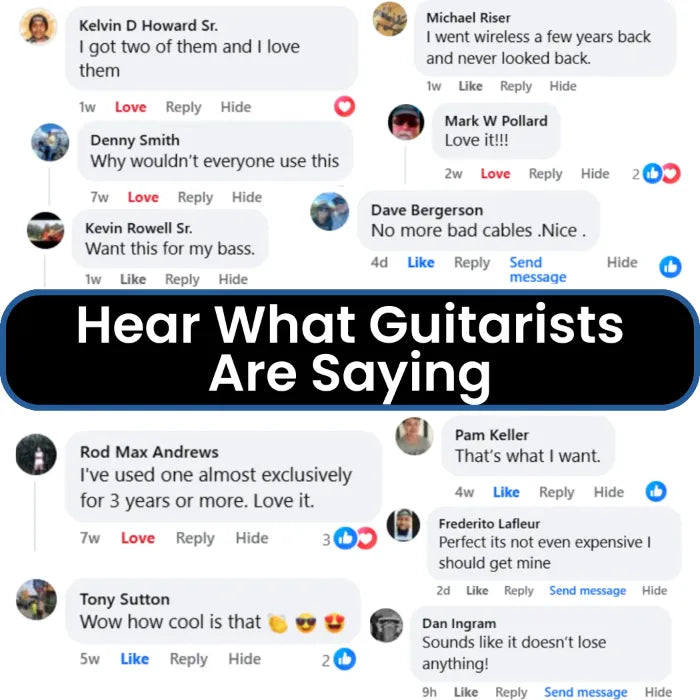 Social media comments section with users discussing a product, overlaid with text 'Hear What Guitarists Are Saying'.