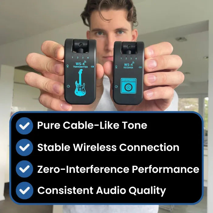 Person holding two wireless guitar transmitting and receiving devices with feature list below.