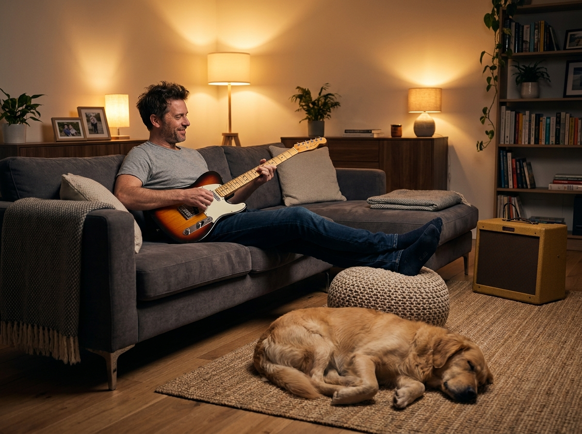 Living room setup, man playing guitar on sofa, dog sleeping, amp in corner, no cable on floor