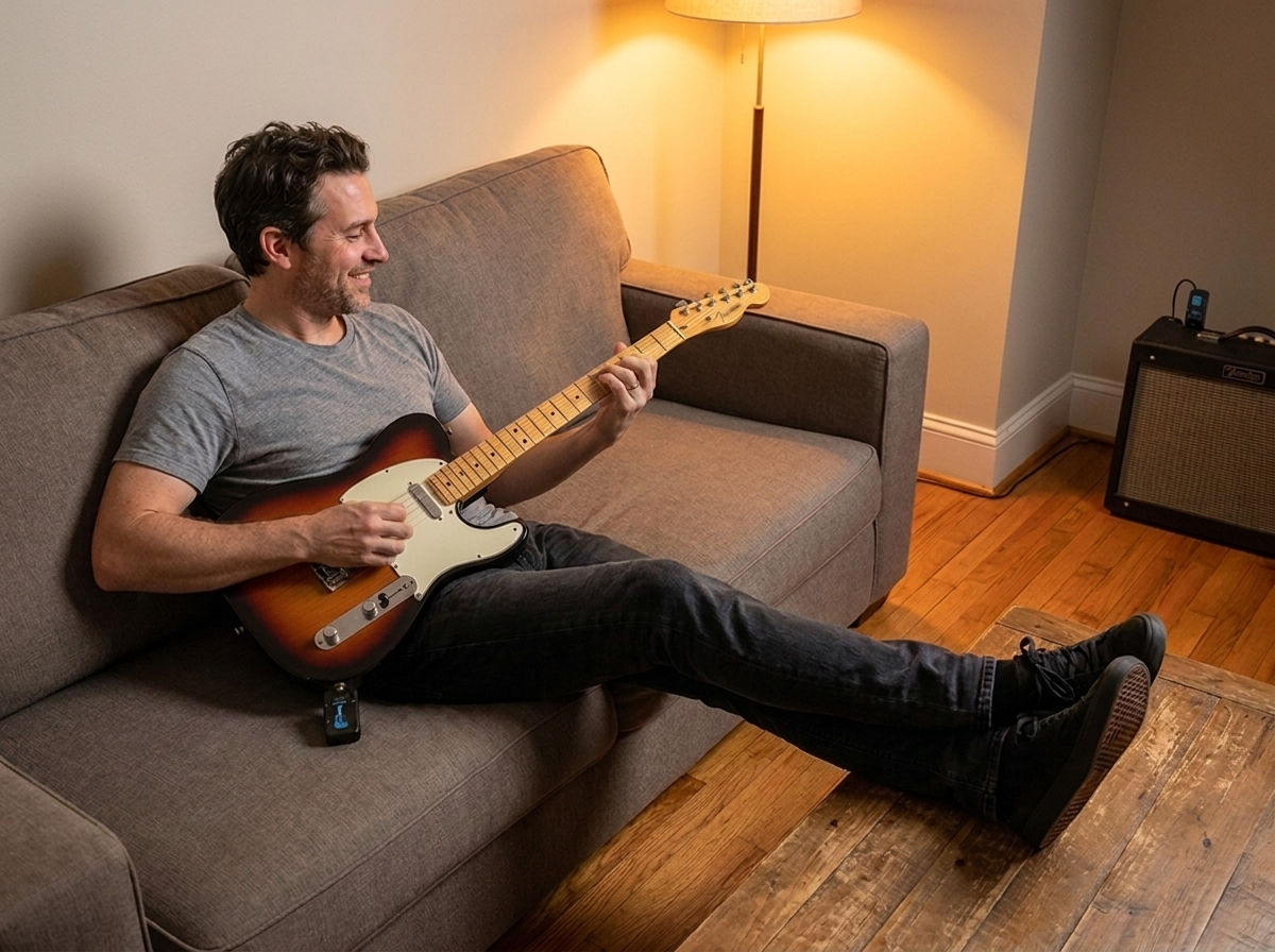 Man sitting on sofa playing guitar with wireless transmitter attached, amp across the room, no cable on floor