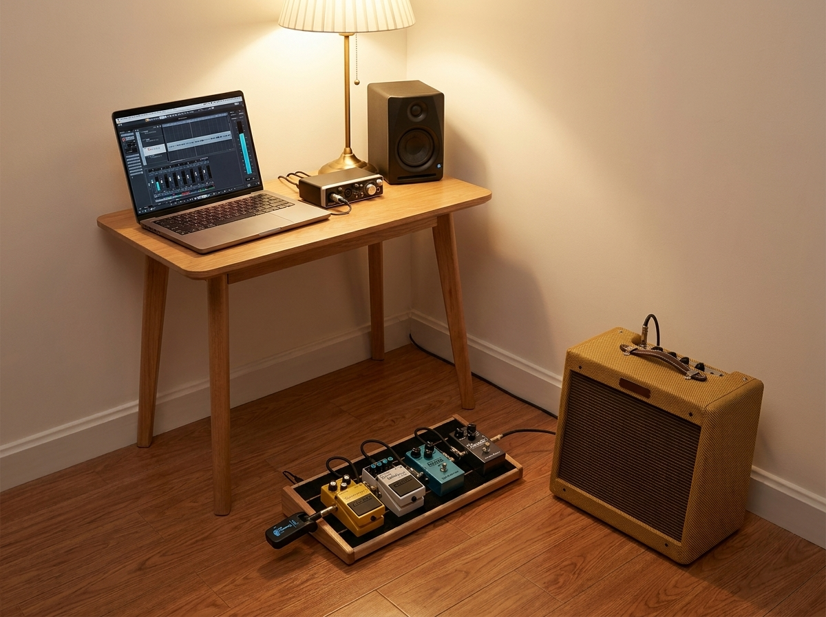 Home recording setup with laptop DAW, pedalboard on floor, audio interface, and amp