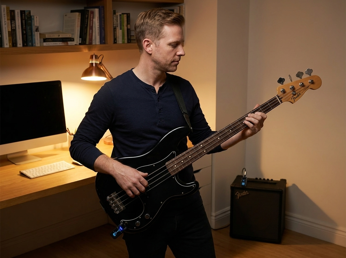 Man playing Fender bass guitar in home office with wireless system attached