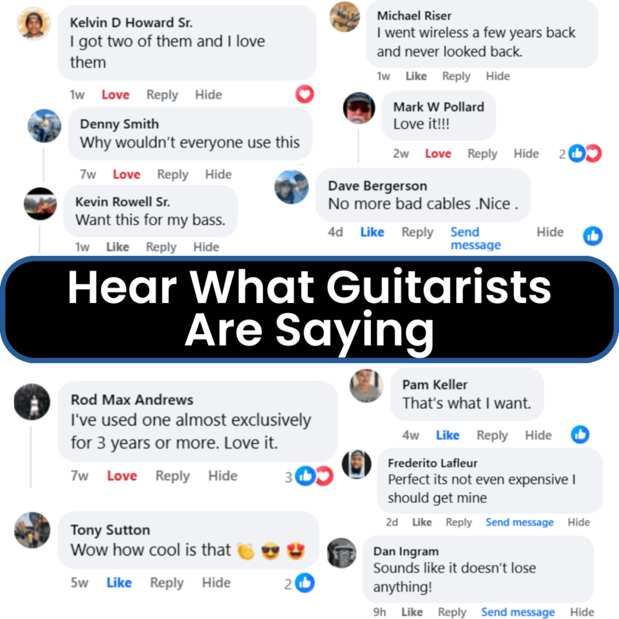 A digital graphic featuring a collage of text message screenshots from famous guitarists, with a bold black banner across the center reading 'Hear What Guitarists Are Saying'. Visible names include David Bowie, Michael Jackson, Mark Wollard, Dave Bergerson, Kevin Rowell Sr.