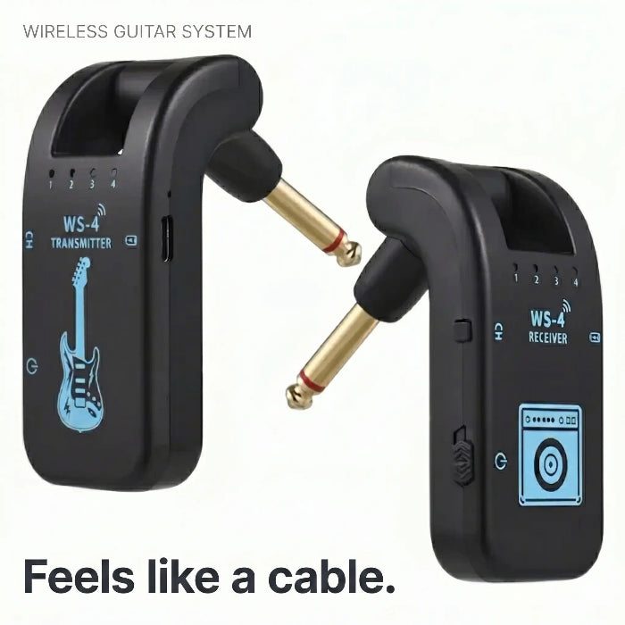 Wireless guitar system transmitter and receiver with cable connector on a white background