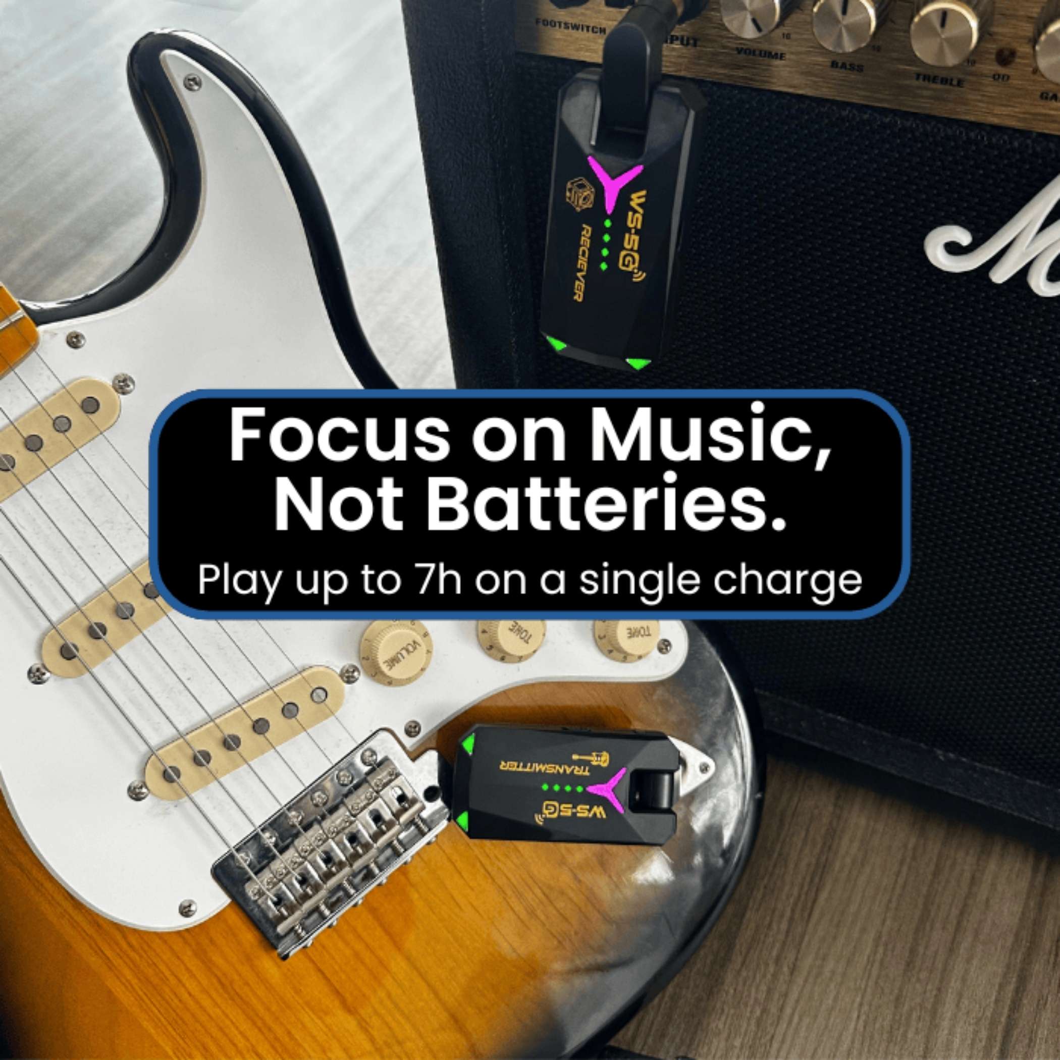 Two black battery-powered guitar pickups shown on a sunburst electric guitar and an amplifier, with a text overlay that reads 'Focus on Music, Not Batteries. Play up to 7h on a single charge'.