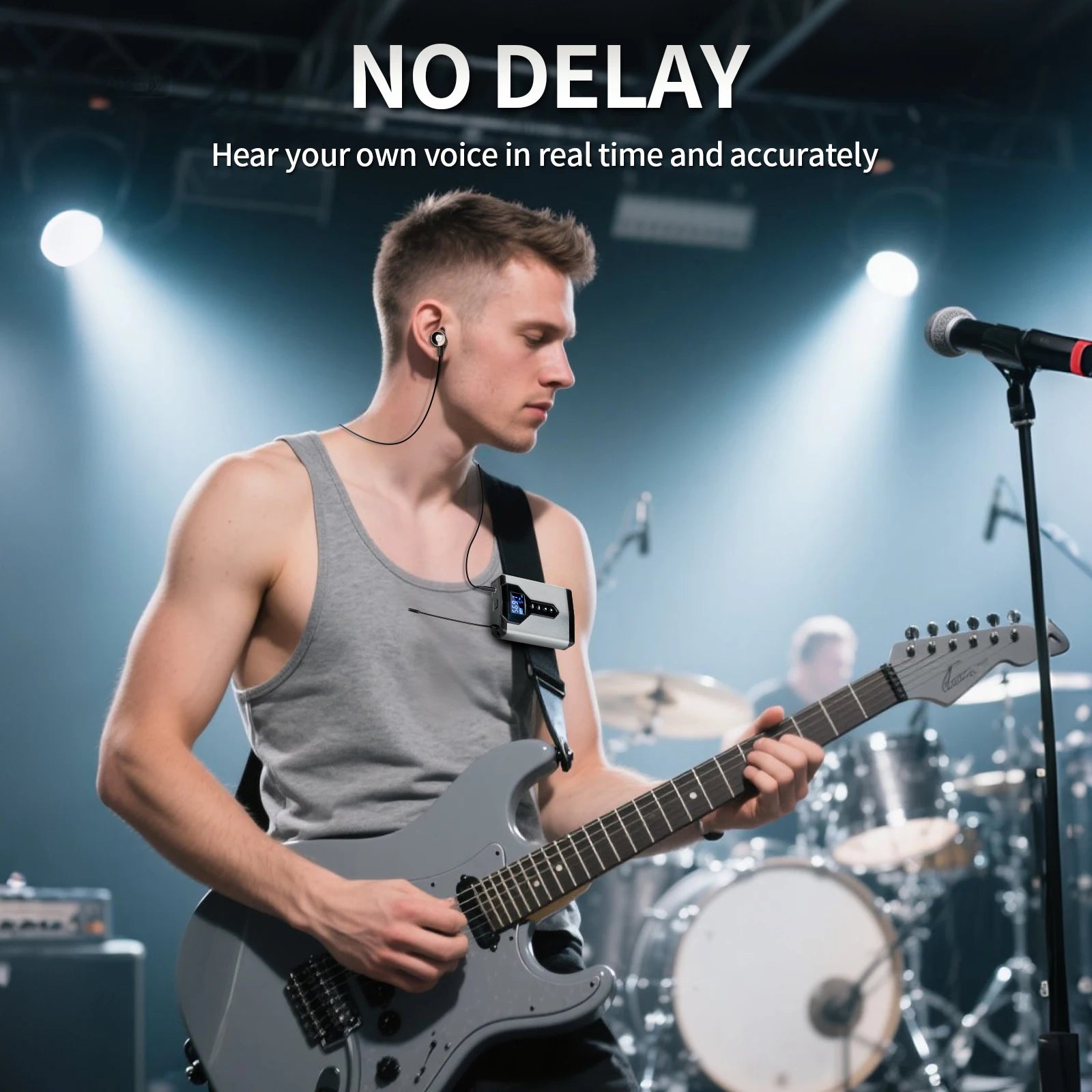 Drummer performing live on stage wearing the ToneLink wireless in-ear monitor bodypack receiver, illustrating no-delay monitoring