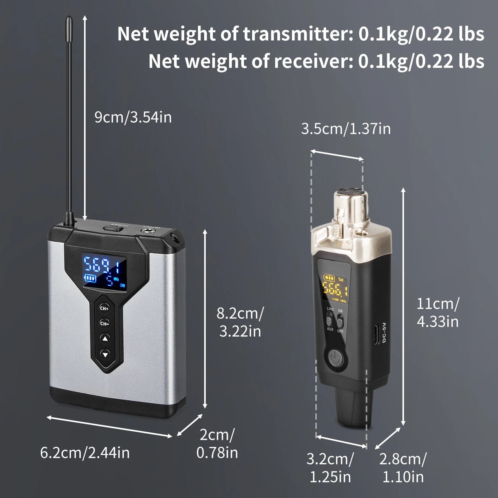 Diagram showing the net weight and dimensions of the ToneLink transmitter and receiver units