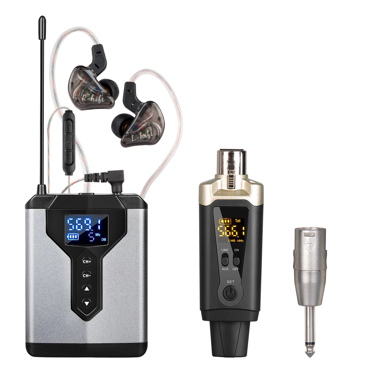 ToneLink UHF In-Ear Monitor System wireless transmitter, dual-antenna bodypack receiver, and in-ear monitor earphones shown together