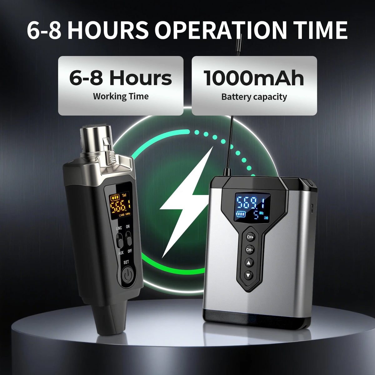 Graphic showing the ToneLink in-ear monitor system's 6-8 hour battery operation time and 1000mAh battery capacity
