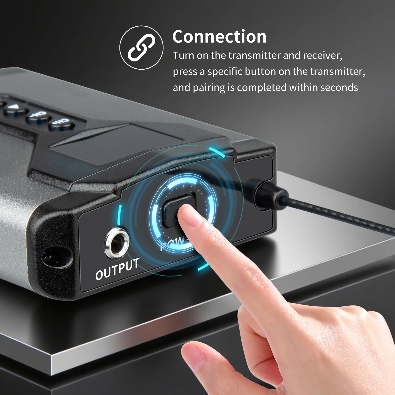 Close-up of a finger pressing the pairing button on the ToneLink receiver, illustrating quick wireless pairing within seconds