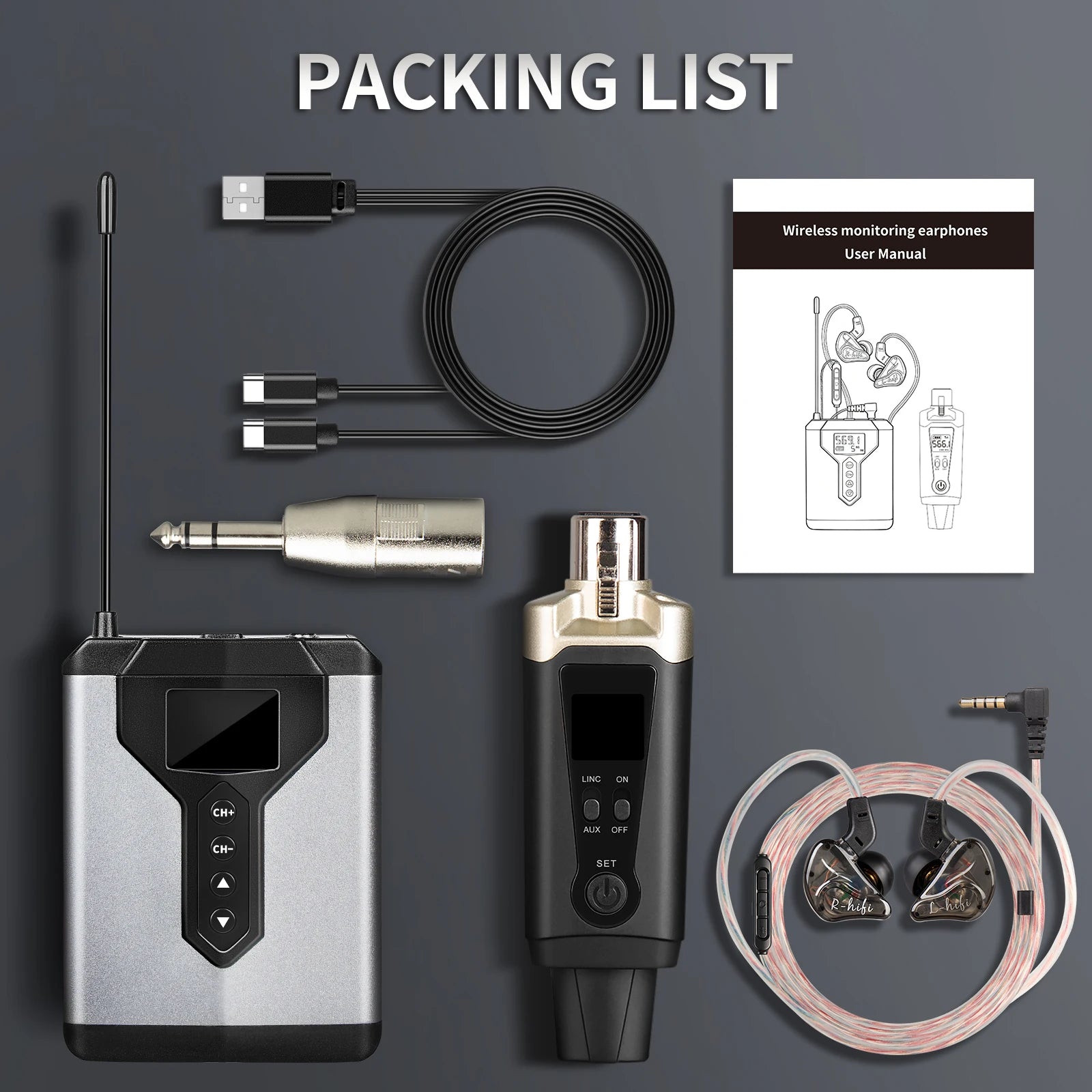 Packing list flat lay showing everything included with the ToneLink UHF In-Ear Monitor System: transmitter, receiver, in-ear earphones, and charging cable