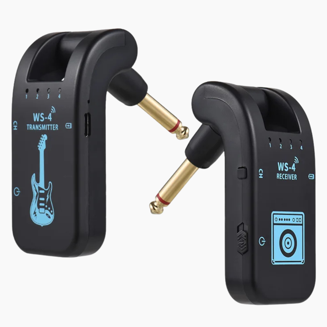 Wireless guitar transmitter and receiver set on a white background