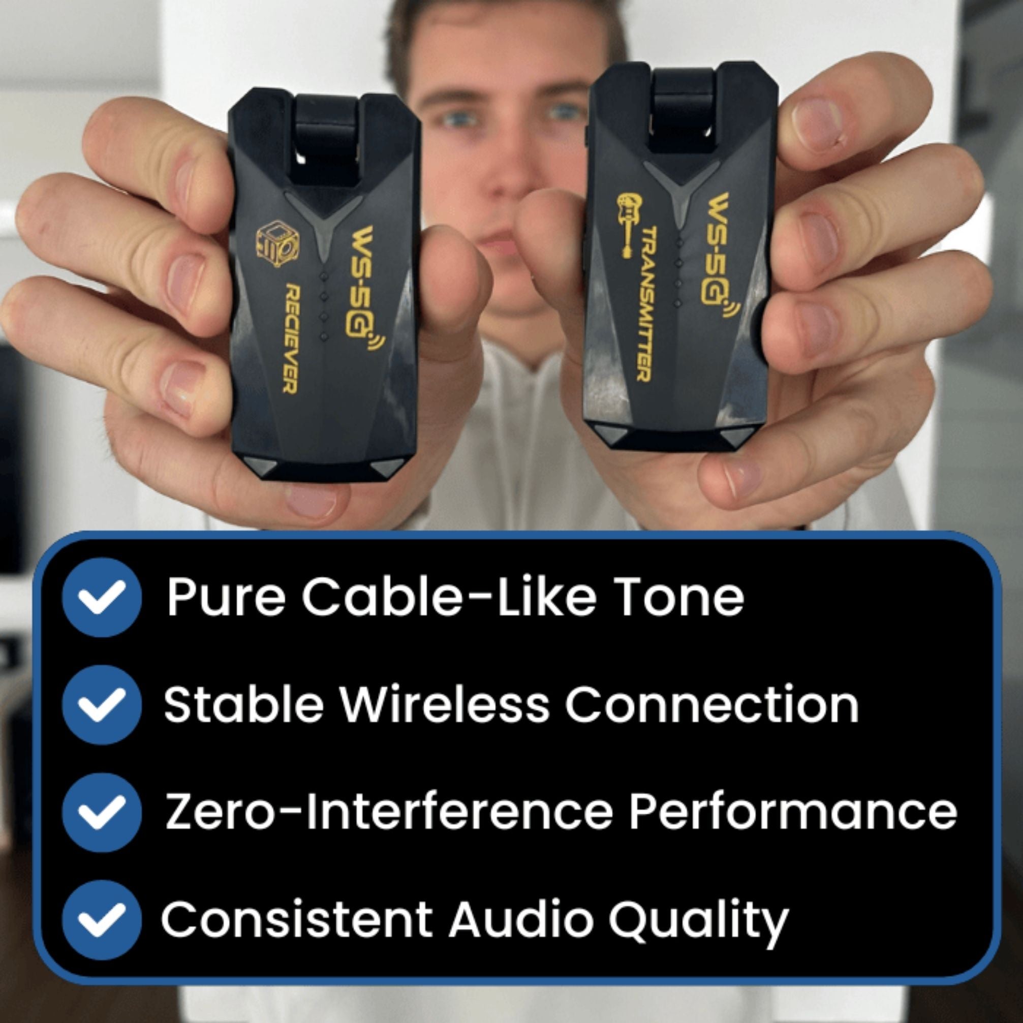 A man holds two black VESG wireless audio devices, labeled RECEIVER and TRANSMITTER, in front of his face. A blue and black feature list overlay at the bottom highlights 'Pure Cable-Like Tone', 'Stable Wireless Connection', 'Zero-Interference Performance', and 'Consistent Audio Quality'.