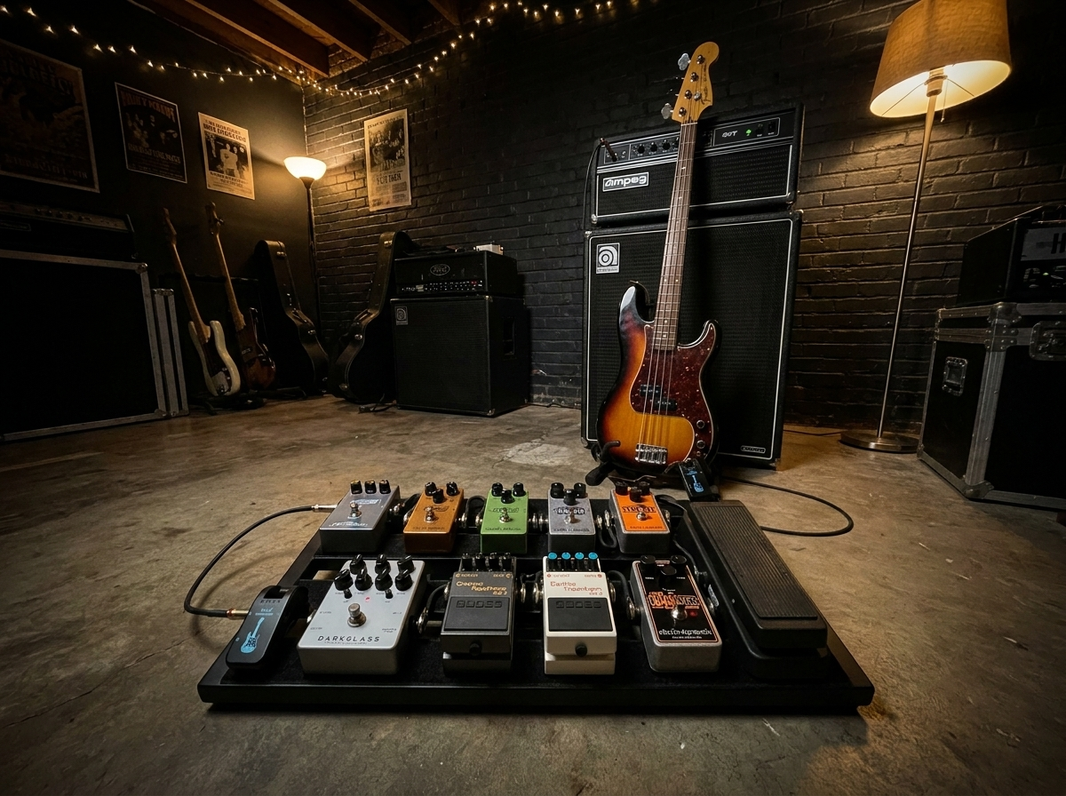 Active bass. Full pedalboard. Amp in the corner. All of it works.
