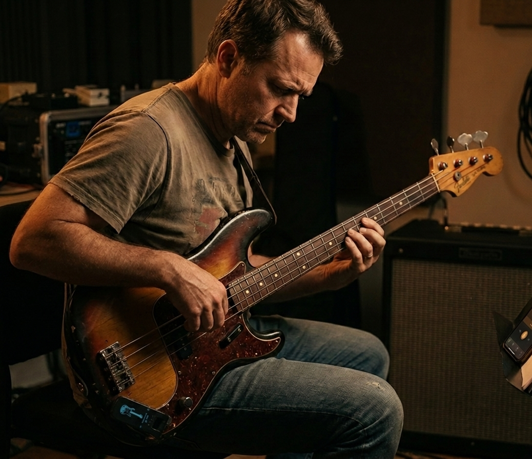 A man sitting and playing a four-string bass guitar in a dimly lit studio or practice room. The bass has a sunburst finish with dark brown, black, and reddish-brown tones, and a dark pickguard.