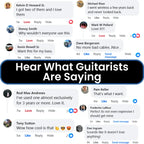 Social media comments section with users discussing a product, overlaid with text 'Hear What Guitarists Are Saying'.