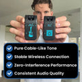 Person holding two wireless guitar transmitting and receiving devices with feature list below.