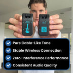 Person holding two wireless guitar transmitting and receiving devices with feature list below.