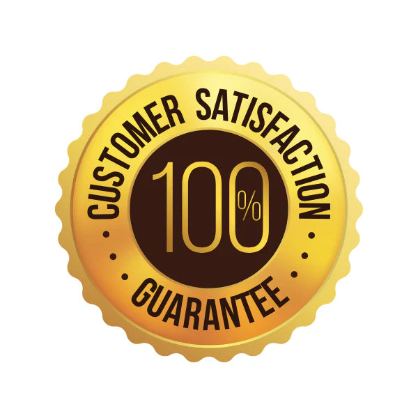 Gold and brown badge with 'Customer Satisfaction 100% Guarantee' text on a white background