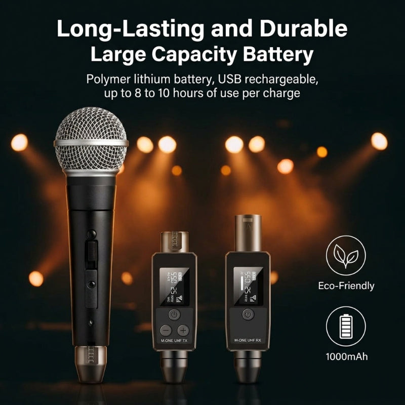 A wireless microphone kit with a handheld microphone and two small receiver devices displayed against a dark background with warm stage lights. Text at the top reads 'Long-Lasting and Durable Large Capacity Battery,' with additional product details and icons indicating eco-friendly design and 1000mAh capacity.